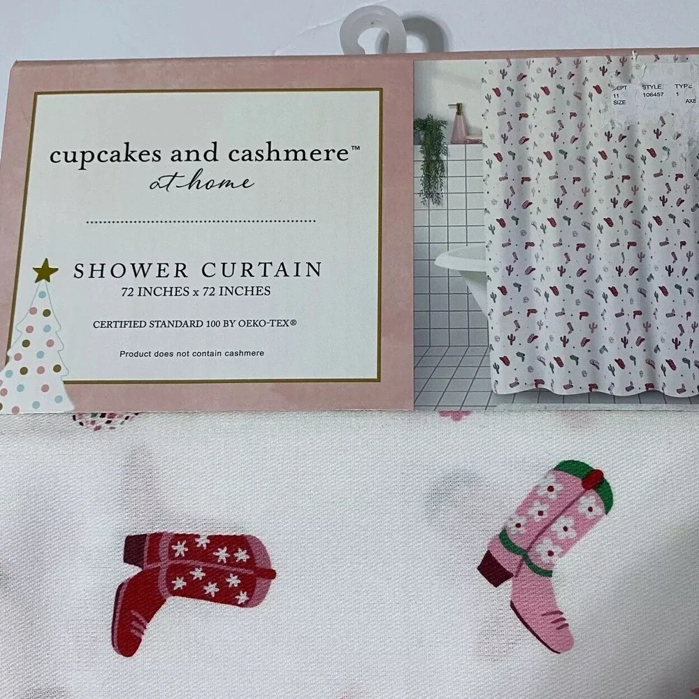 Cupcakes And Cashmere Christmas Shower Curtain Pink Preppy Western Boot Cowgirl